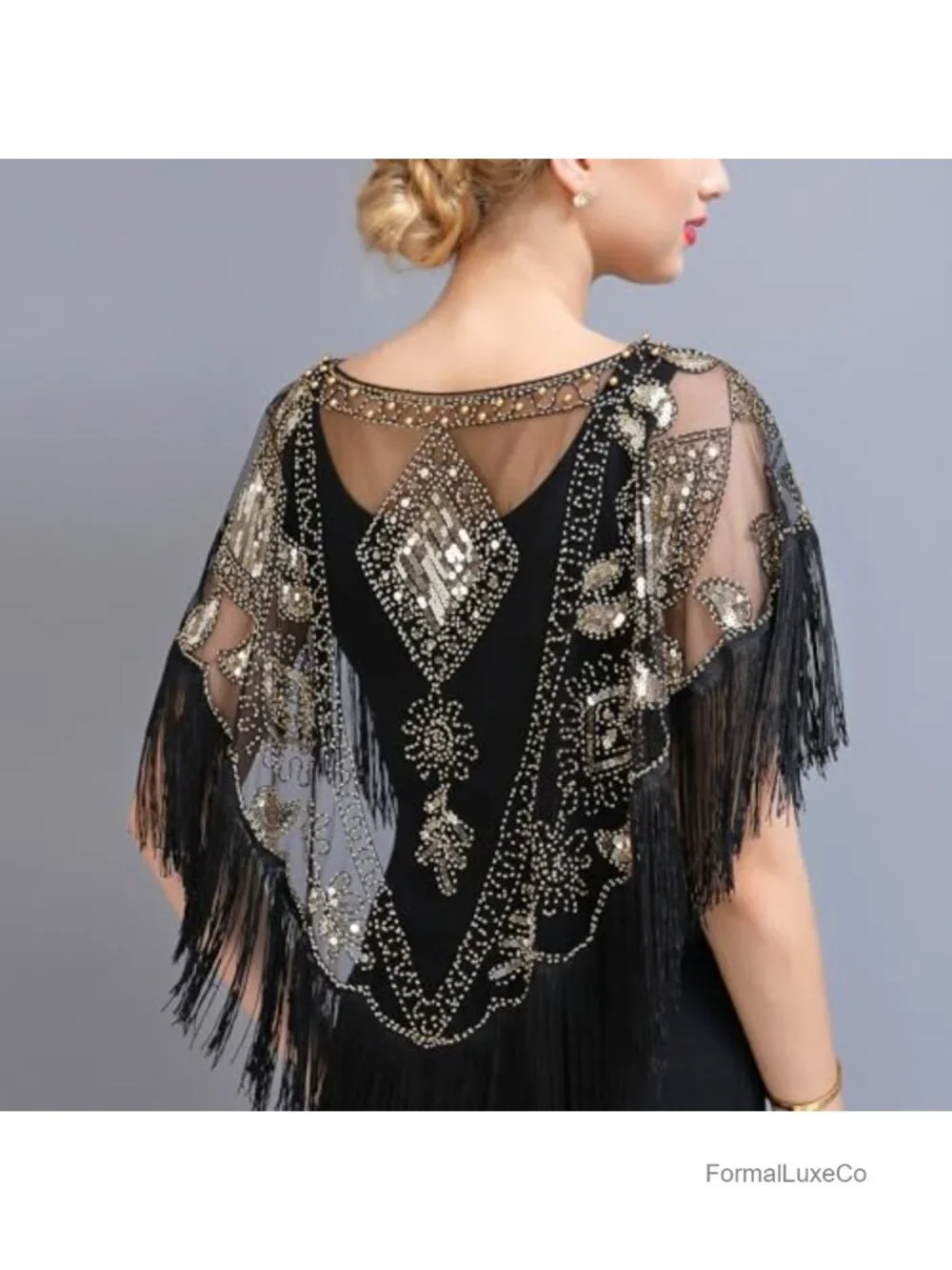 1920s Sequin Beaded Evening Cape Wrap Shawl Gatsby Party